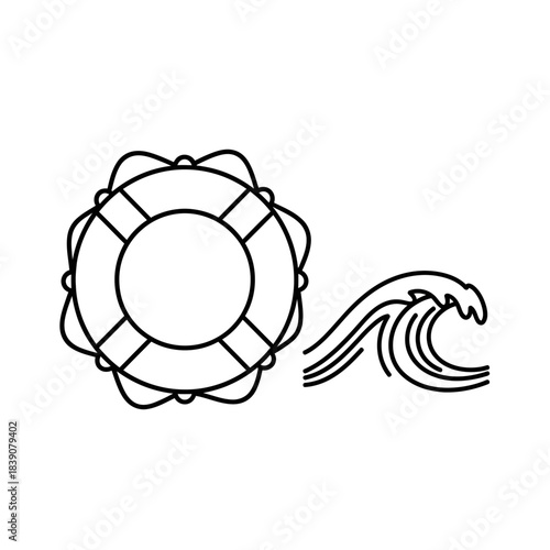 A simple line drawing of a life preserver and a wave on a white background