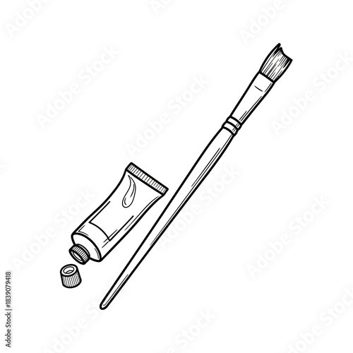 Painting Tools Illustration with Brush and Paint Tube on White Background, Artistic Graphic Design