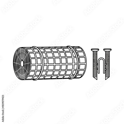 Construction Roll Mesh with Fasteners for Building Reinforcement, Technical Illustration, Isolated View