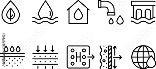 Water faucet and filtration icons set. Drops, taps, eco water filters, plumbing outline symbols