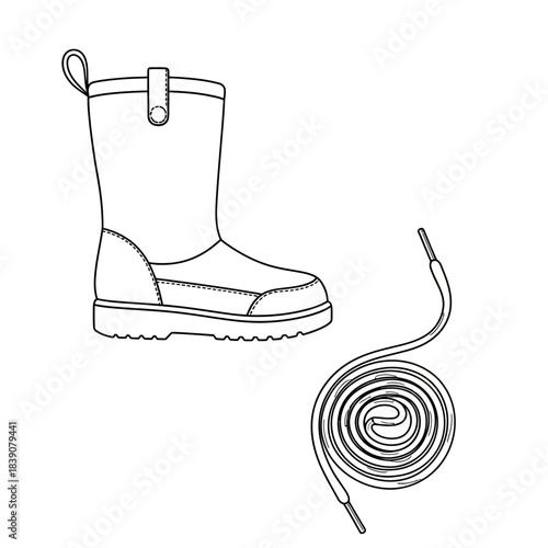 Work Boot and Shoelace Illustration, Footwear Essentials, Minimalist Graphic, Line Art, Studio View, Practical Concept