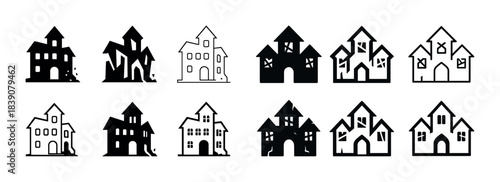 Set of spooky haunted house icons in various designs and styles