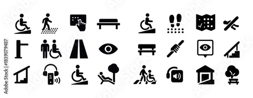 Accessibility icons set: wheelchair, braille, walking, hearing aids, ramps