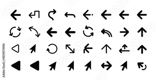Collection of various black arrow icons pointing in different directions isolated on white background