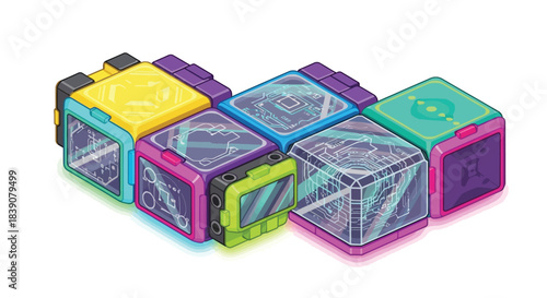 Colorful interconnected cubes showcasing a futuristic design and technological aesthetic.