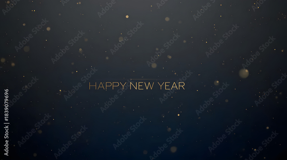 Fototapeta premium Happy New Year background with dark gradient (charcoal to deep blue), subtle gold particles, premium minimal luxury style