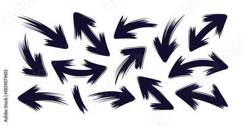 Collection of grunge style arrows with distressed brush strokes isolated on white background