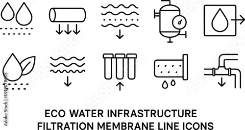 Water faucet and filtration icons set. Drops, taps, eco water filters, plumbing outline symbols