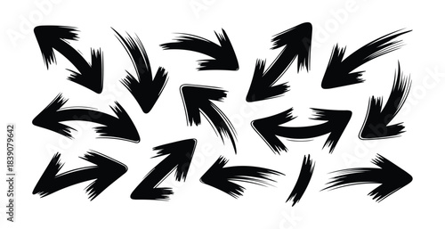 Set of black hand drawn arrows grunge style isolated on white background pointer direction sign