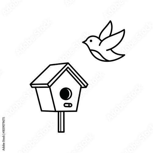 Simple line drawing of a bird flying towards a birdhouse