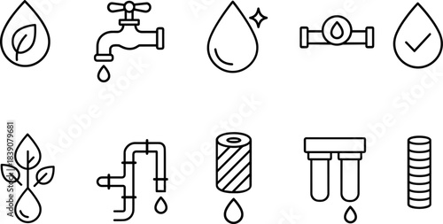 Water faucet and filtration icons set. Drops, taps, eco water filters, plumbing outline symbols