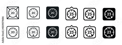 Variety of thermostat icons displaying temperature in different styles and designs