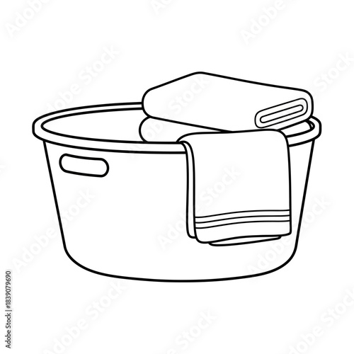 Clean laundry folded and ready to be put away in a white laundry basket, domestic chore illustration