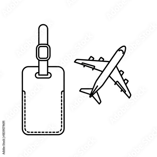 Airplane and luggage tag illustration - travel icon representing departure and arrival