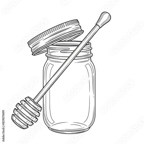 Empty glass jar with lid and honey dipper for food preparation and kitchen use