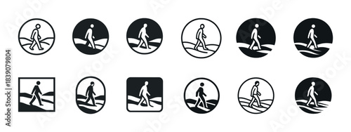 Hiker icon set in various styles: silhouettes on mountain paths
