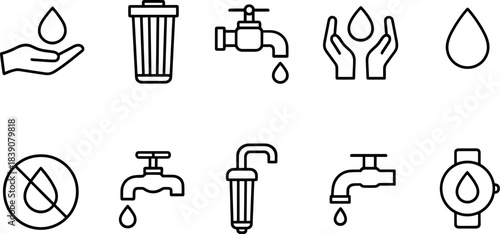 Water faucet and filtration icons set. Drops, taps, eco water filters, plumbing outline symbols