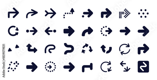 Set of black vector arrows isolated on white background, different shapes and directions, collection of signs