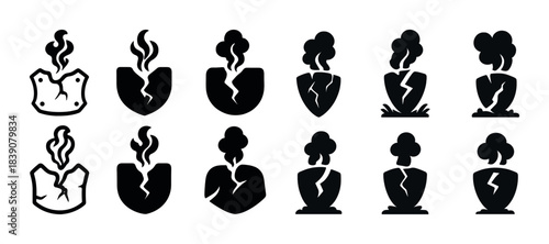 Set of broken heart and sad emotional icons with steam symbol