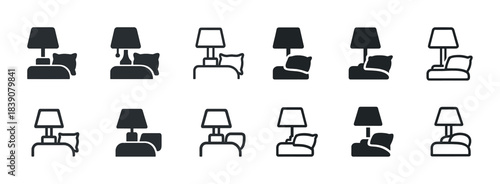Set of bedside lamp icons: different styles of lamp and pillow silhouettes