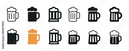 Set of twelve beer mug icons in various styles and colors