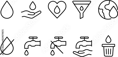 Water faucet and filtration icons set. Drops, taps, eco water filters, plumbing outline symbols