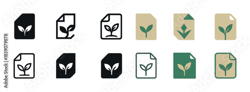 Eco-friendly document icon set: green leaf designs in various styles