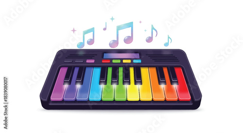 Colorful keyboard with musical notes floating above a vibrant musical instrument 1.