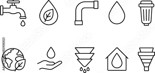 Water faucet and filtration icons set. Drops, taps, eco water filters, plumbing outline symbols