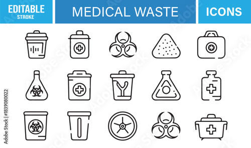 Clean Medical Waste Symbol Collection Including Disposal Bins, Hazard Labels, Chemical Flasks, Test Tubes, and Biohazard Icons