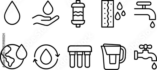 Water faucet and filtration icons set. Drops, taps, eco water filters, plumbing outline symbols