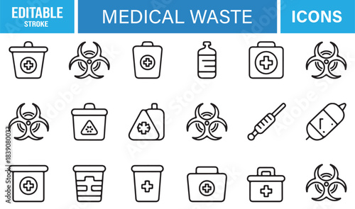 Vector Icon Set Depicting Medical Waste Containers, Biohazard Emblems, Laboratory Bottles, Sharps Bins, and Toxic Material Signs