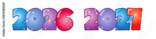 Set of 2026 and 2027 creative colorful icons in a cartoon style with a blurred background.