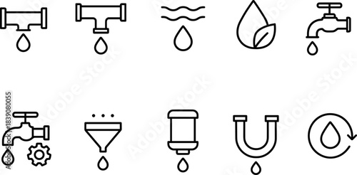 Water faucet and filtration icons set. Drops, taps, eco water filters, plumbing outline symbols