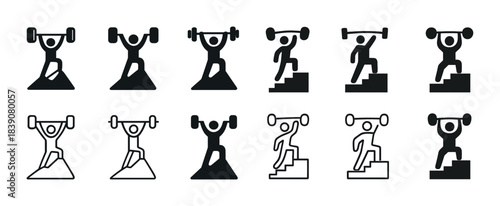 Simple fitness icon set: weightlifting and step exercise illustrations