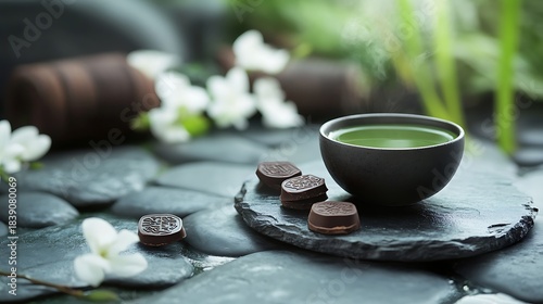 A zen theme matcha tea and chocolate medallions on a stone table on modern outdoor