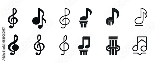 Musical note icons set: diverse styles of treble clefs and notes