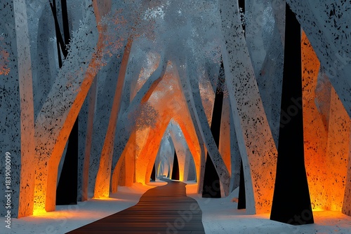 Magical White Forest Glowing Orange Path Winter Fantasy Landscape Trees Snow Fairy Tale Dream Mystery Adventure Book Cover Background Enchanted Woods Surreal Light Contrast
