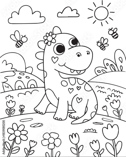 Adorable Dinosaur Friend Among Flowers for Kids Coloring Fun