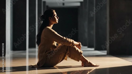 Young Woman in Beige Outfit Sitting on Floor Looking Up in Sunlight In A Hallway