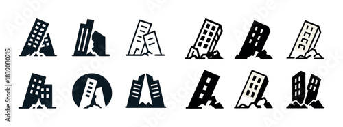 Various earthquake-damaged building silhouettes in black and white