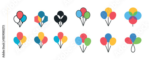 Colorful balloon icon set featuring various designs and arrangements