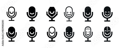 Set of smiling microphone icons with various designs