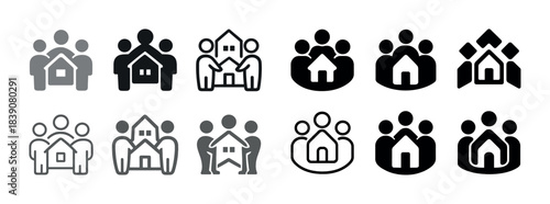 Diverse family units: house and people icons collection in black and white
