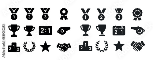Icons of medals, trophies, awards, and sports symbols in black and white