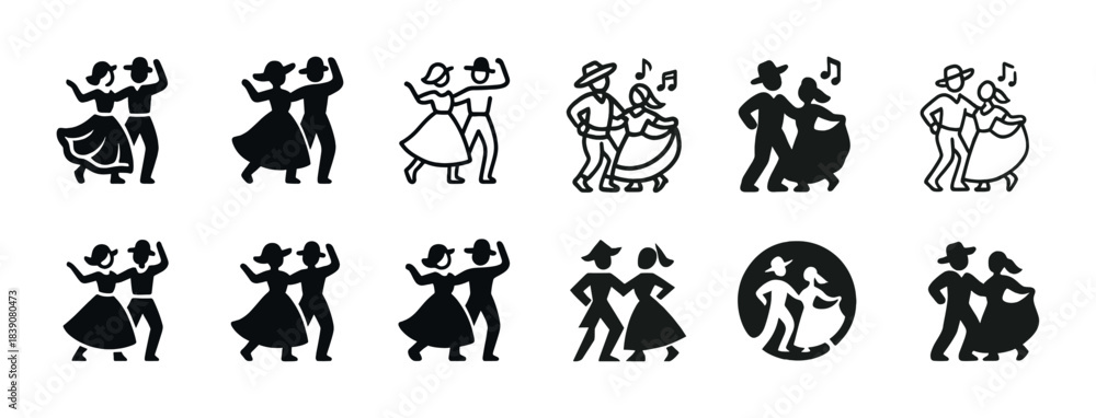 Fototapeta premium Silhouettes of couples dancing in various traditional styles and poses