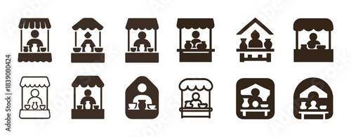 Icon set of market stalls with vendors and pottery on white background