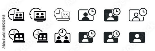 Web conference icons set: video call interface with time elements