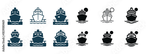 Set of cruise ship icons: front views in various styles