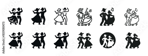 Silhouettes of couples dancing in various traditional styles and poses